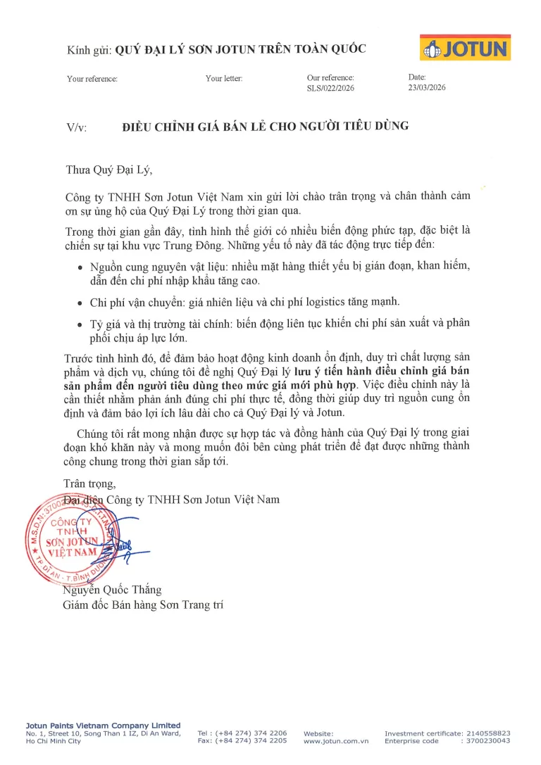 Sơn Jotun tăng giá - Công văn điều chỉnh giá bán sơn Jotun cho thị trường