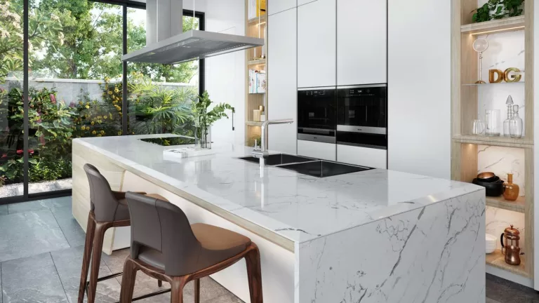 Không gian bếp tông trắng sứ tạo cảm giác sạch sẽ