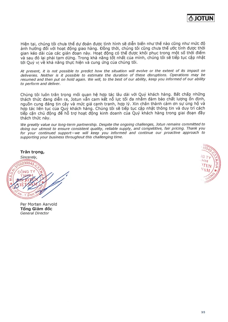 Sơn Jotun tăng giá - Công văn về tình hình nguồn cung và sự kiện bất khả kháng