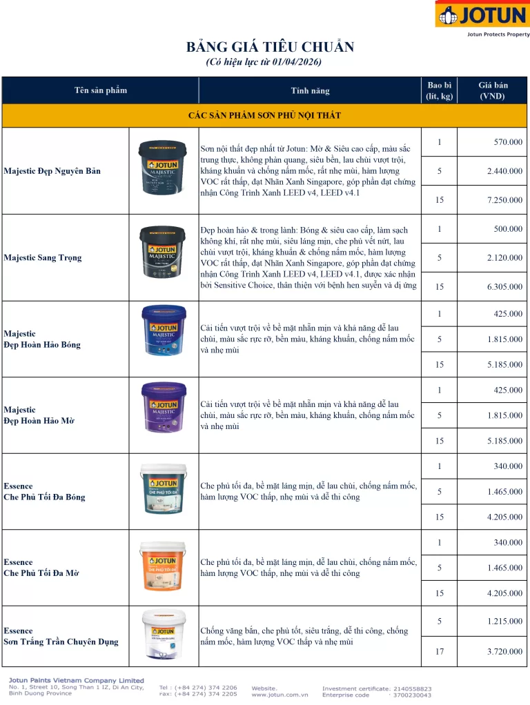 Bảng giá Jotun mới nhất Tháng 4 năm 2026 2