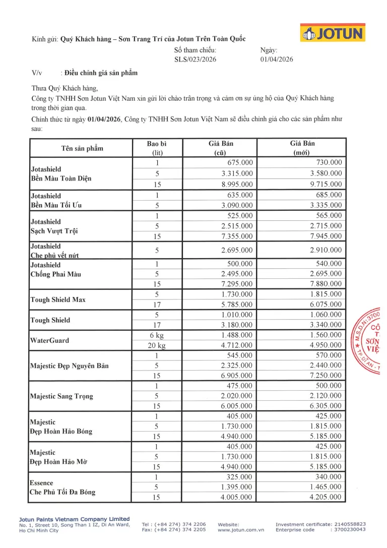Thông báo tăng giá của hãng sơn Jotun 2026 1