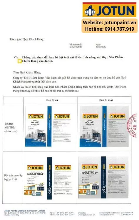 Thông báo thay đổi bao bì bột trét cải thiện tính năng xác thực sản phẩm chính hãng của Jotun